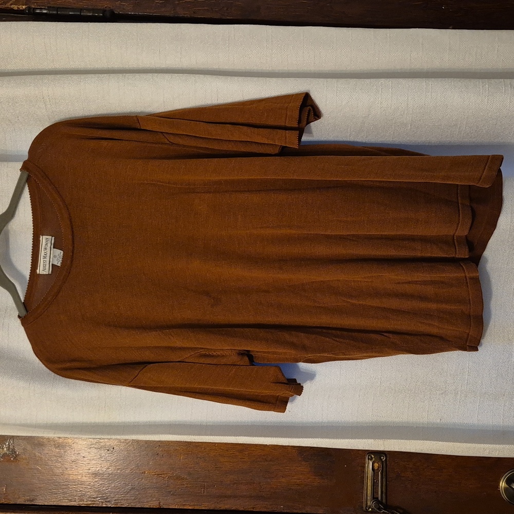 AUGUST MAX SILK KNIT 1X COCOA 3/4 SLEEVE QUIET LUXURY RICH SCALLOP EDGING